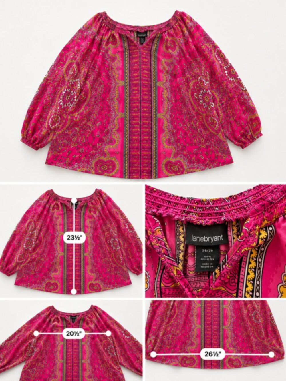 Lane Bryant Plus Size Boho Peasant Blouse – Women’s 26/28 – Pink Paisley Print